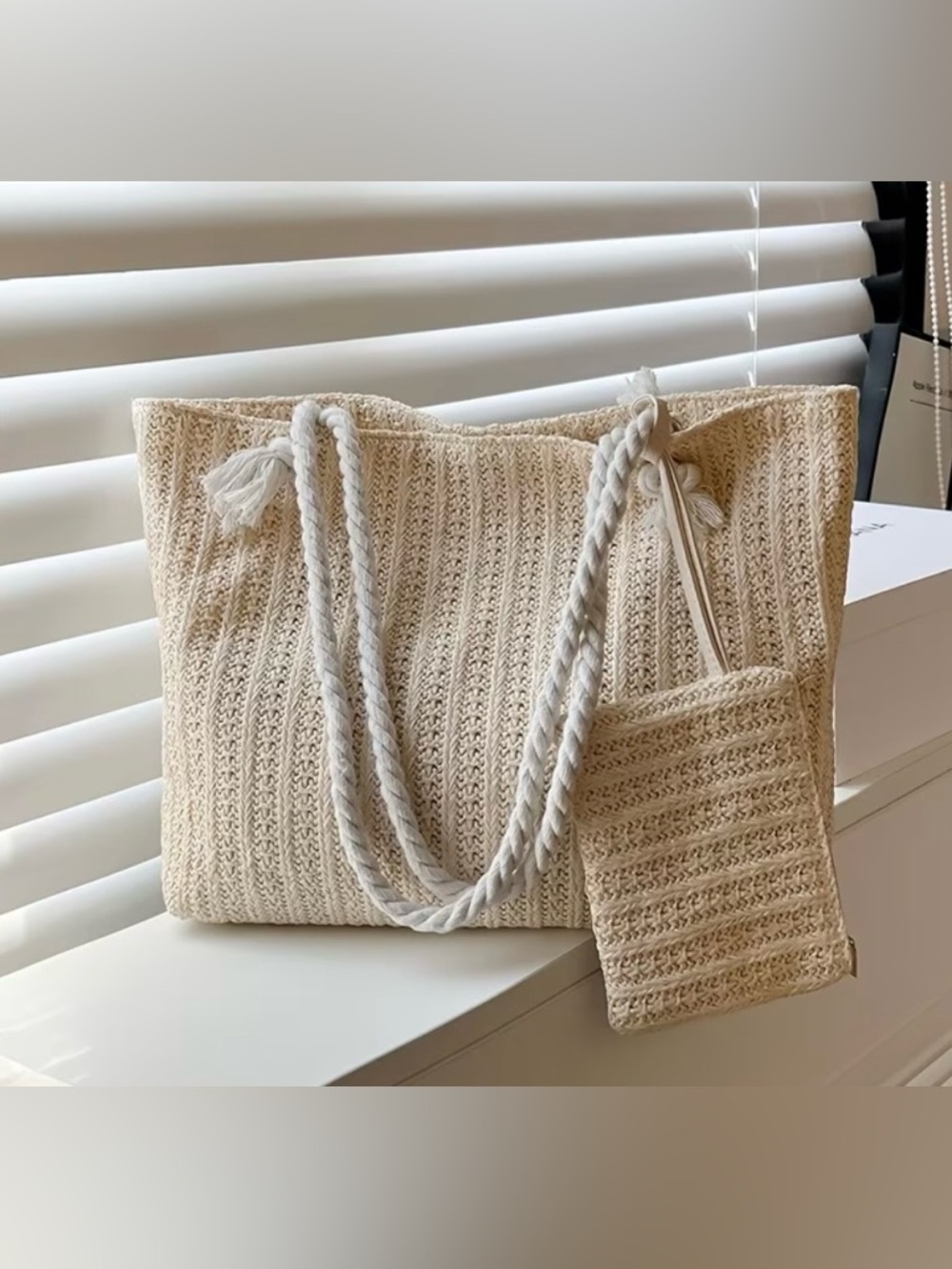 Woven Cream Tote Bag with Rope Handles